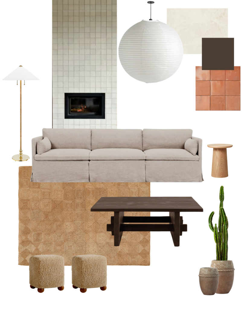 living room design plan and mood board
